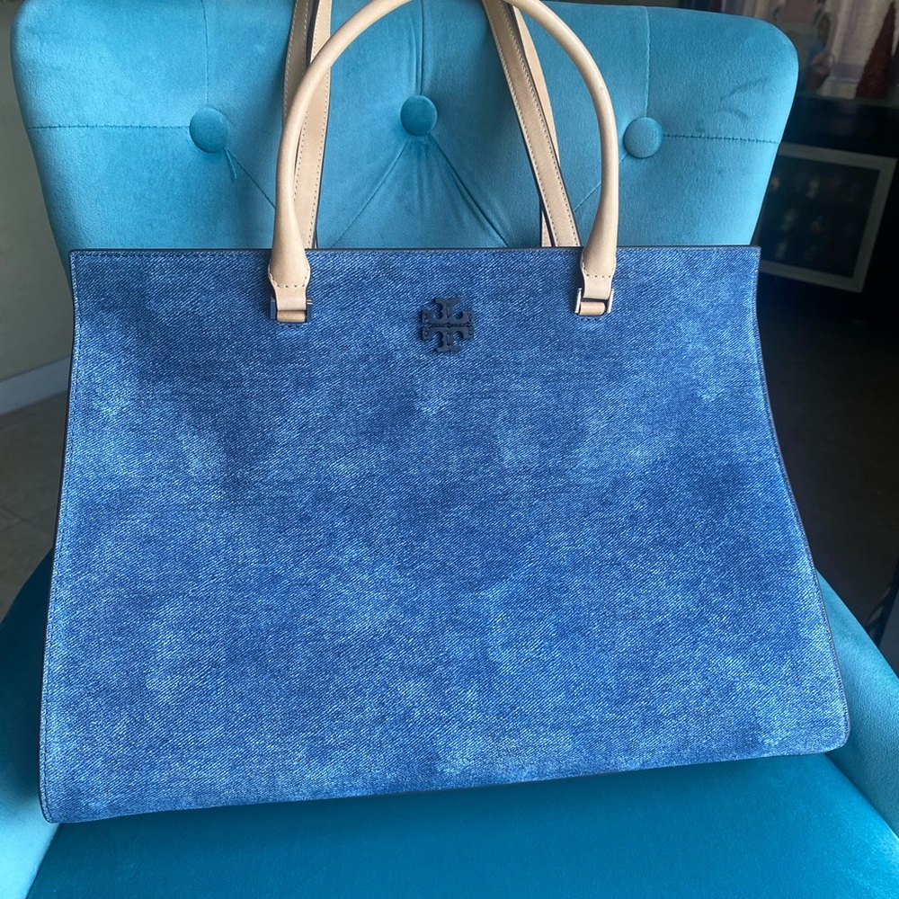 Tory Burch Blue Canvas Tote with Tan Leather Handles